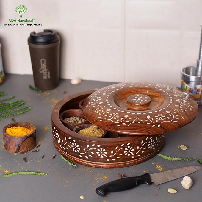 Fluxzones Sheesham Wooden Masala Box, Round Shape, Wooden Spice Masala Dani Dabba for Kitchen