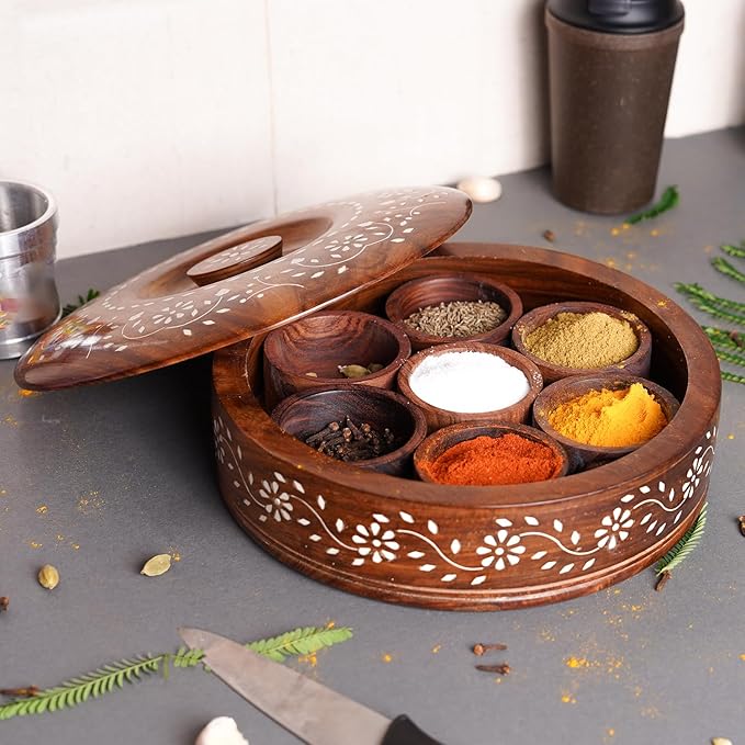 Fluxzones Sheesham Wooden Masala Box, Round Shape, Wooden Spice Masala Dani Dabba for Kitchen