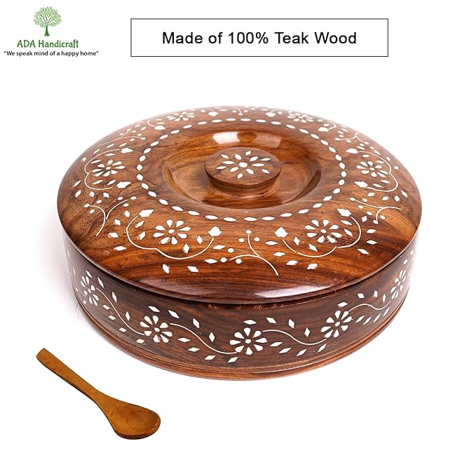 Fluxzones Sheesham Wooden Masala Box, Round Shape, Wooden Spice Masala Dani Dabba for Kitchen