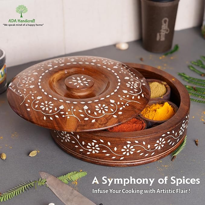 Fluxzones Sheesham Wooden Masala Box, Round Shape, Wooden Spice Masala Dani Dabba for Kitchen