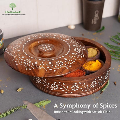 Fluxzones Sheesham Wooden Masala Box, Round Shape, Wooden Spice Masala Dani Dabba for Kitchen