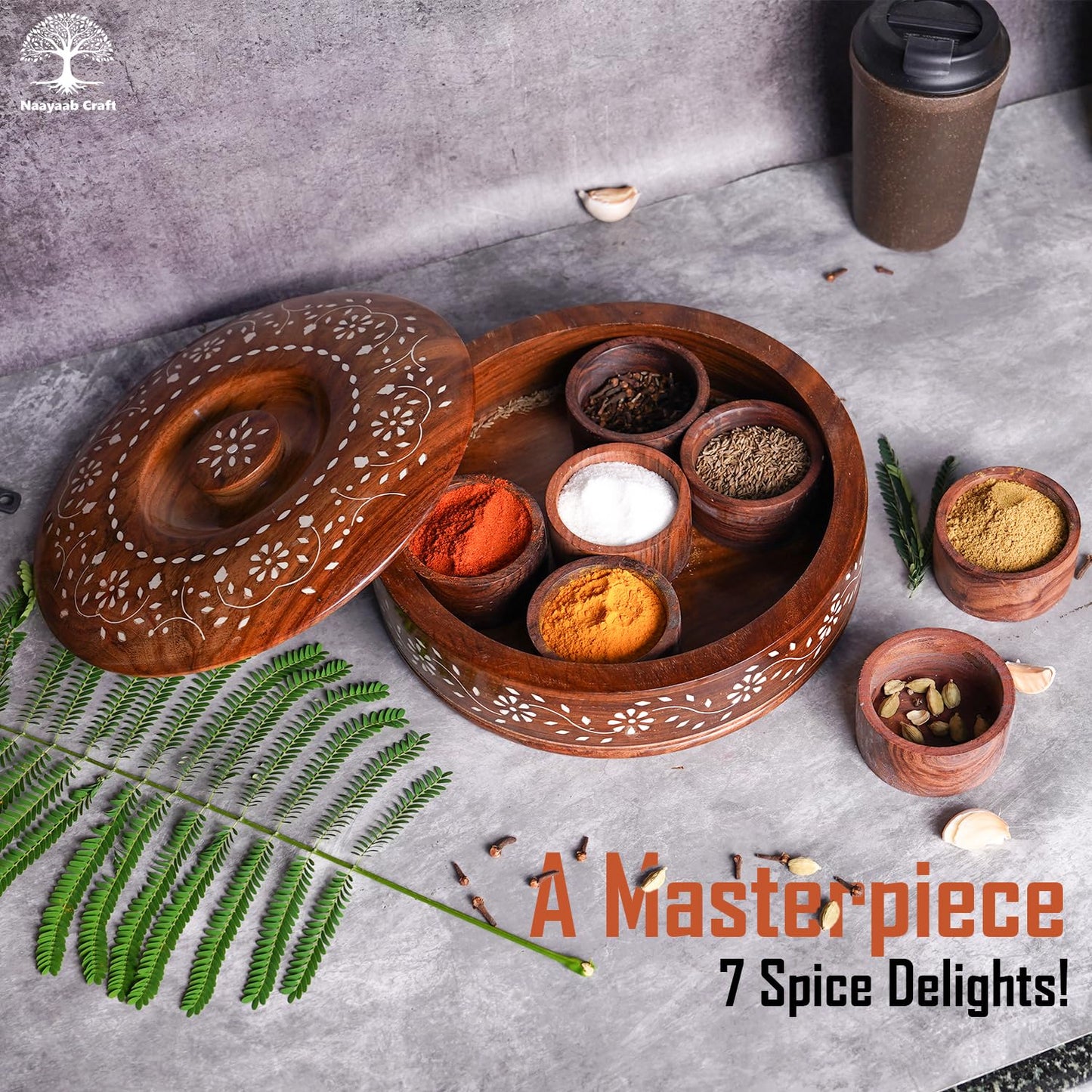 Fluxzones Sheesham Wooden Masala Box, Round Shape, Wooden Spice Masala Dani Dabba for Kitchen