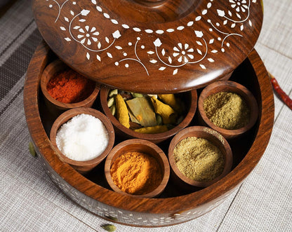 Fluxzones Sheesham Wooden Masala Box, Round Shape, Wooden Spice Masala Dani Dabba for Kitchen