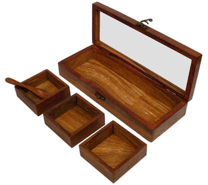 Fluxzones Wooden Masala Box 3 Containers | Wooden Spice Rack Box