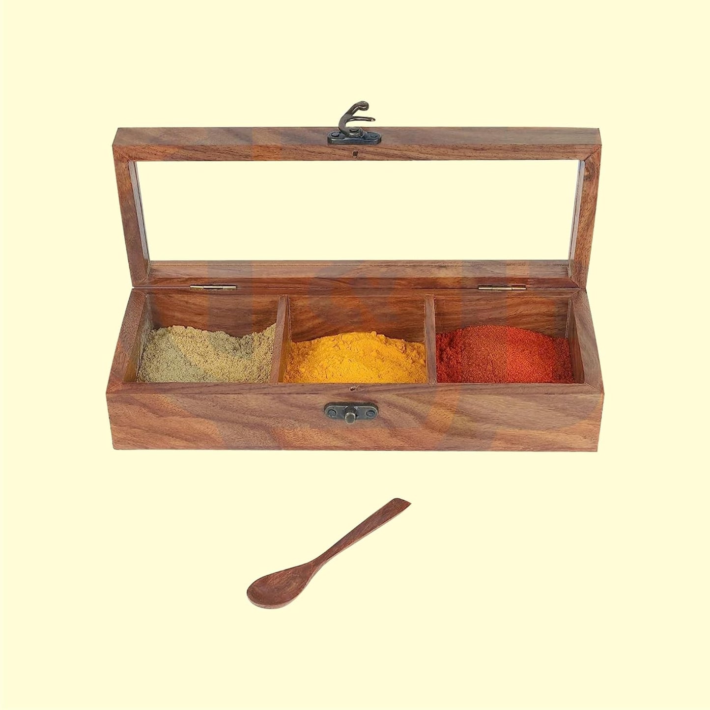 Fluxzones Wooden Masala Box 3 Containers | Wooden Spice Rack Box