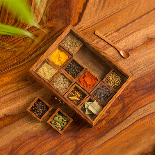 Fluxzones Wooden Spice Box with 12 Containers | Masala Box for Kitchen Decoration