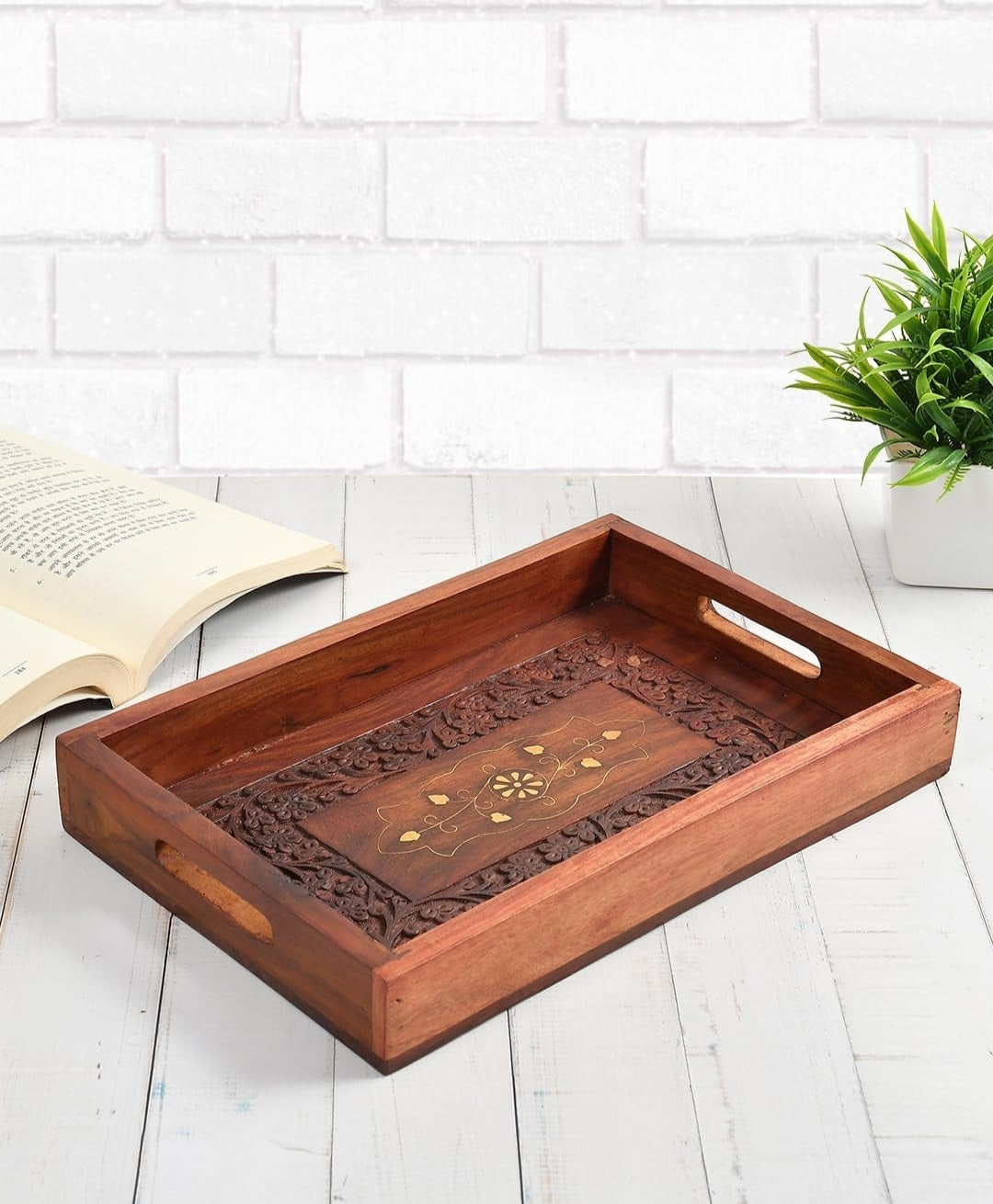 Fluxzones Handmade Wooden Tea Tray for Food Serving and Kitchen Decoration in Large Size